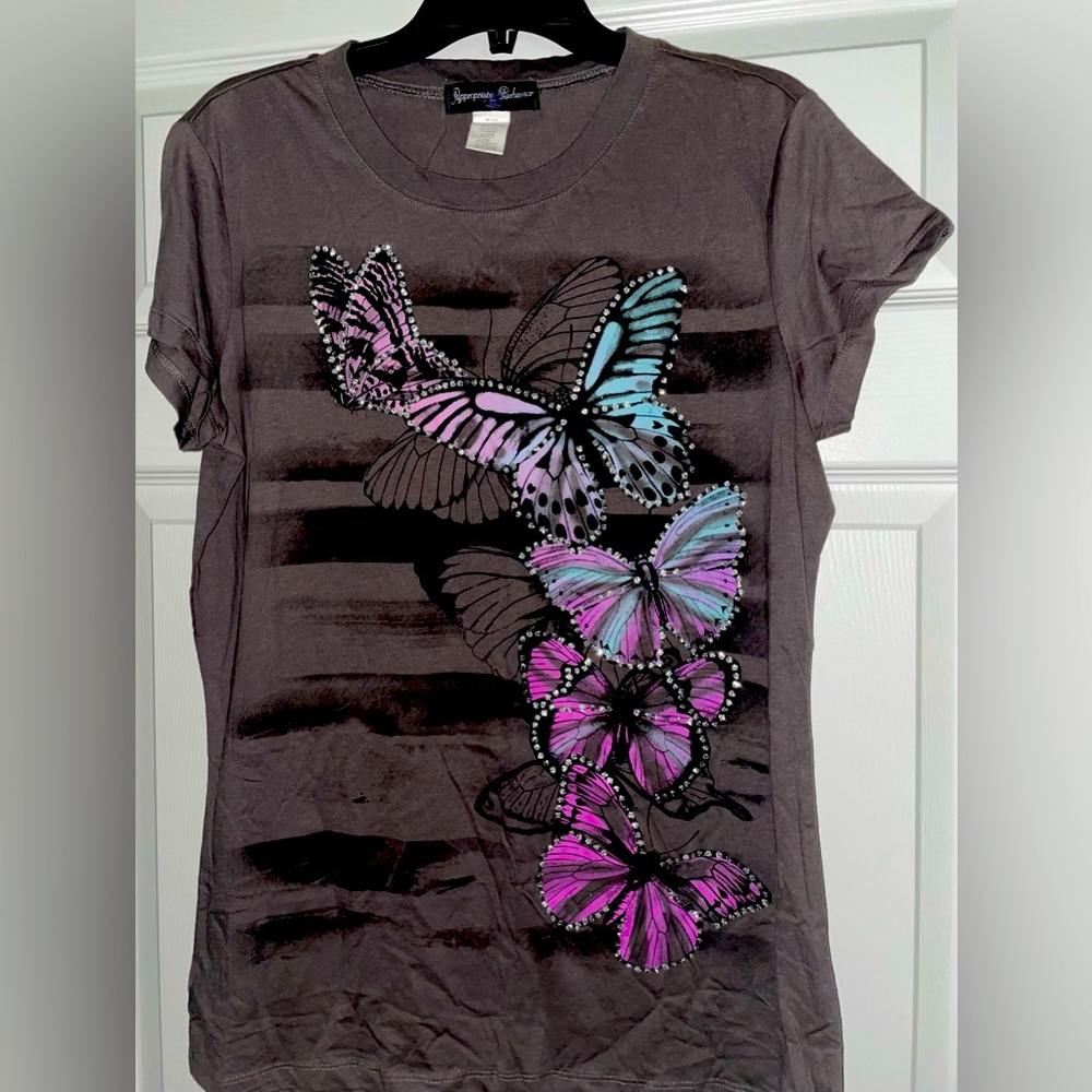 New Gray Blue Pink Glitter Butterfly Short Sleeve Stretchy Shirt M/L